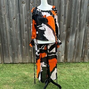 Bold Orange and Black Abstract Off the Shoulder Neckline EUC